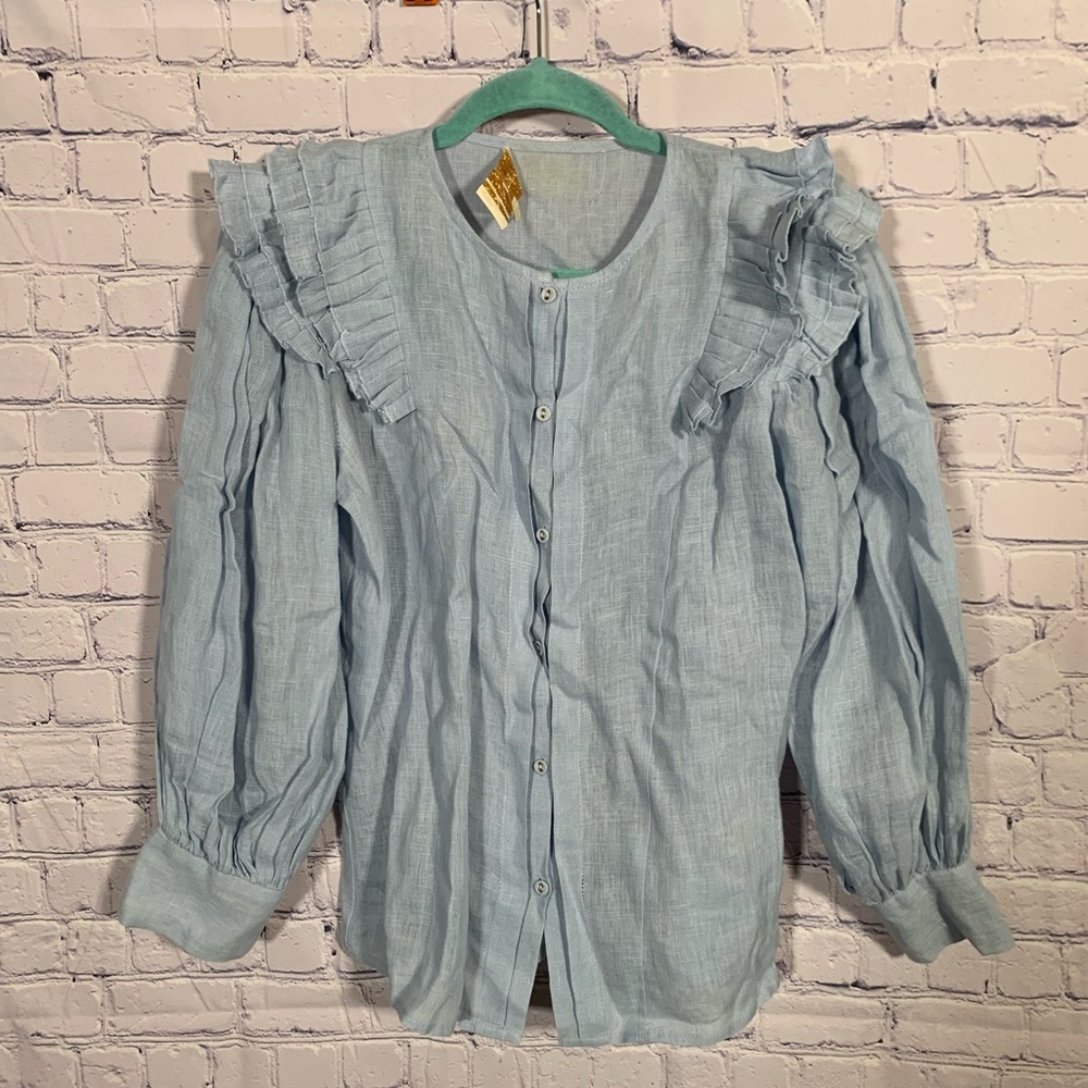 Carolina K Womens H emp Full Button Ruffle Top Blue Size S Preppy Quiet Luxury - Picture 1 of 6